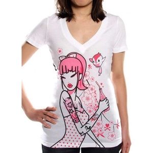 NWOT TKDK Tokidoki Pink Soda Drink Tattoo Girl V-Neck Tee Shirt